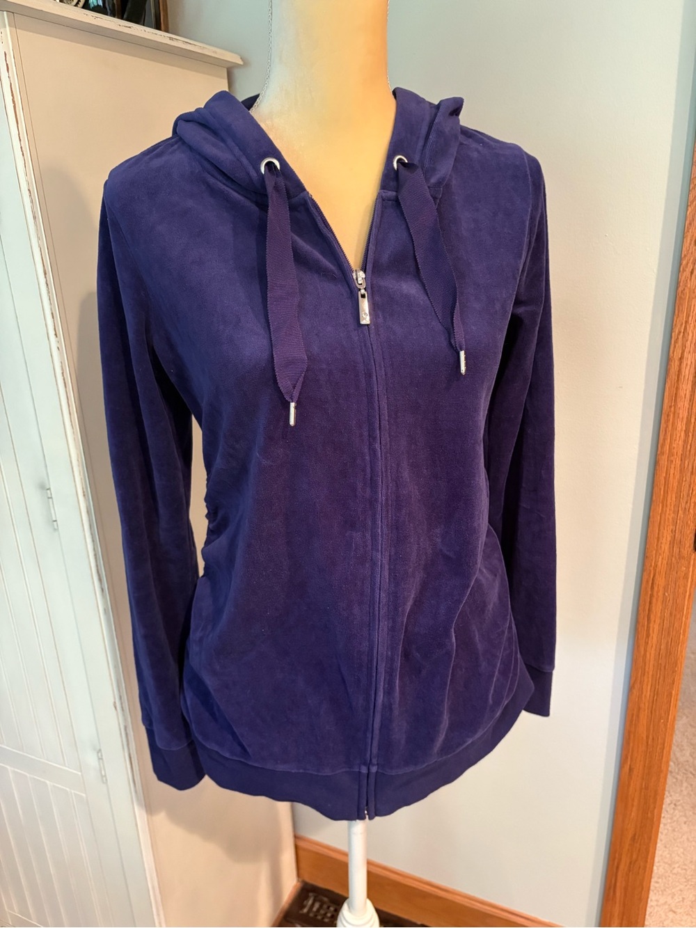 Motherhood Maternity Velour Zip Up Hooded Sweatshirt Ruched Sides